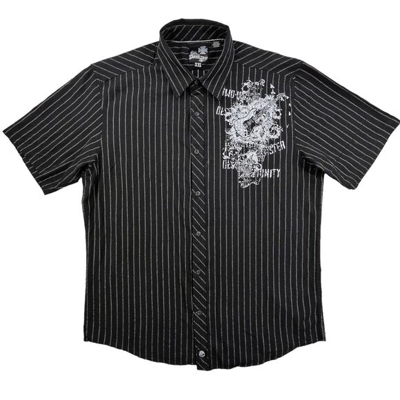 Point Zero Guitar Skull Shirt Mens XXL Short Sleeve Pinstripe Rock Music Band - Picture 6 of 10